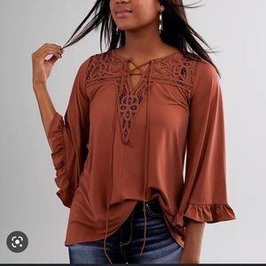 NWT Buckle Lace Crochet Yoke Split Neck Blouse